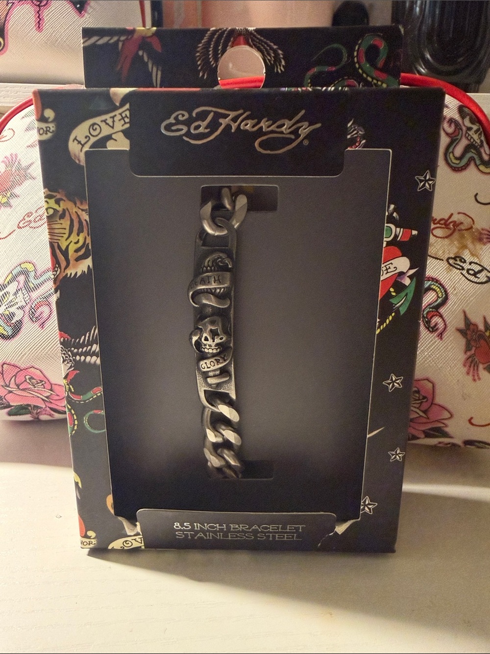 Ed Hardy Black Stainless Steel Skull & Ribbon Link Bracelet
